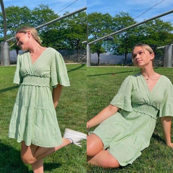 🦋 NORDSTROM MAX STUDIO Green Ruffle Tiered Stripe Dress Coquette Cottage Core - Picture 1 of 5